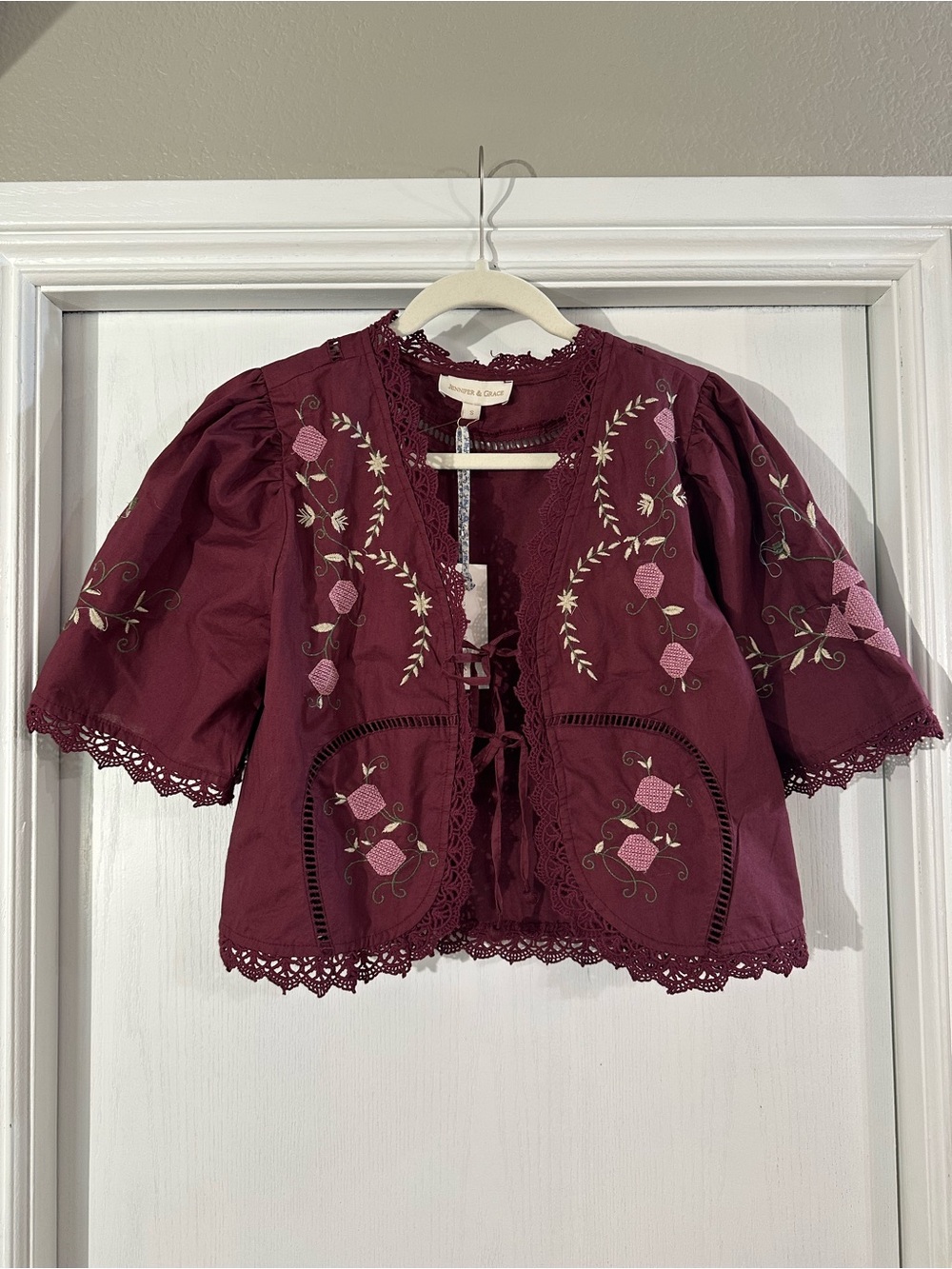 Women’s Embroidered Lace-Up Blouse - Burgundy